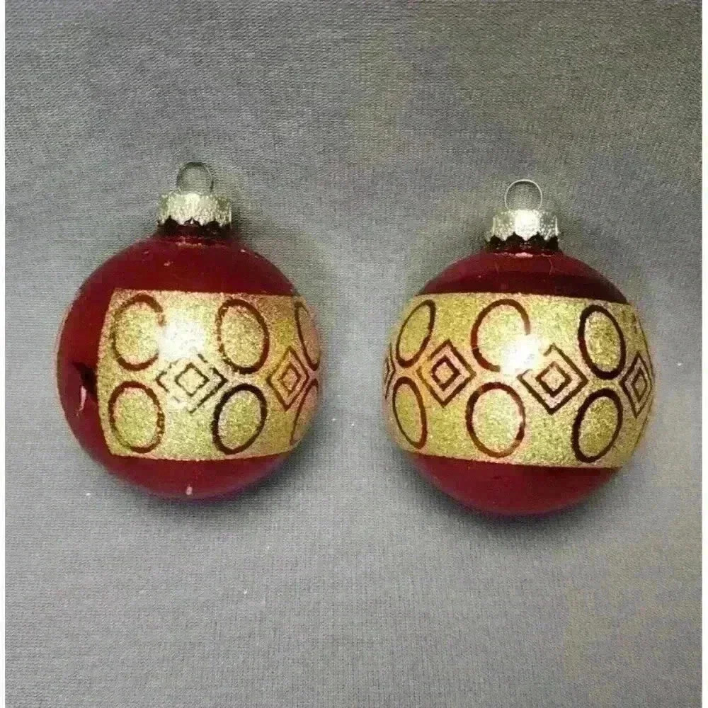 Vintage Rauch Red & Gold Glitter Mercury Glass 2.5" Ball Christmas Ornaments (2)